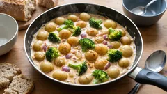 O cină preparată într-o singură tigaie: cartofi și broccoli în sos de smântână